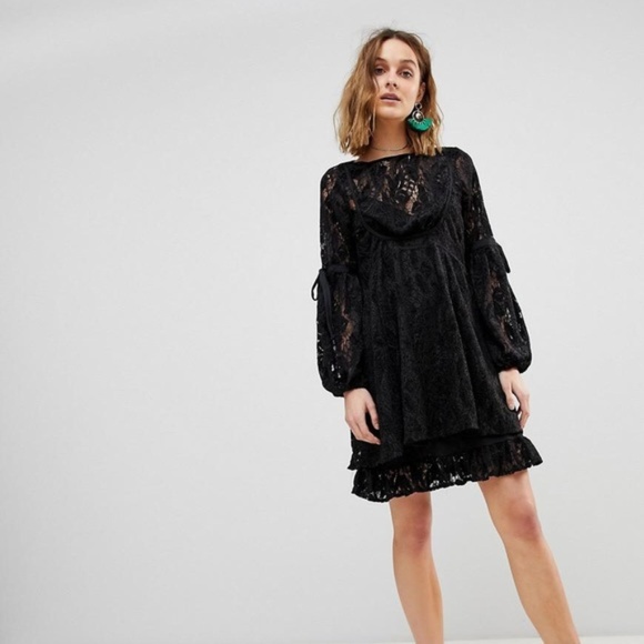 Free People Dresses & Skirts - Free People Black Lace Ruby Mini Dress Size L